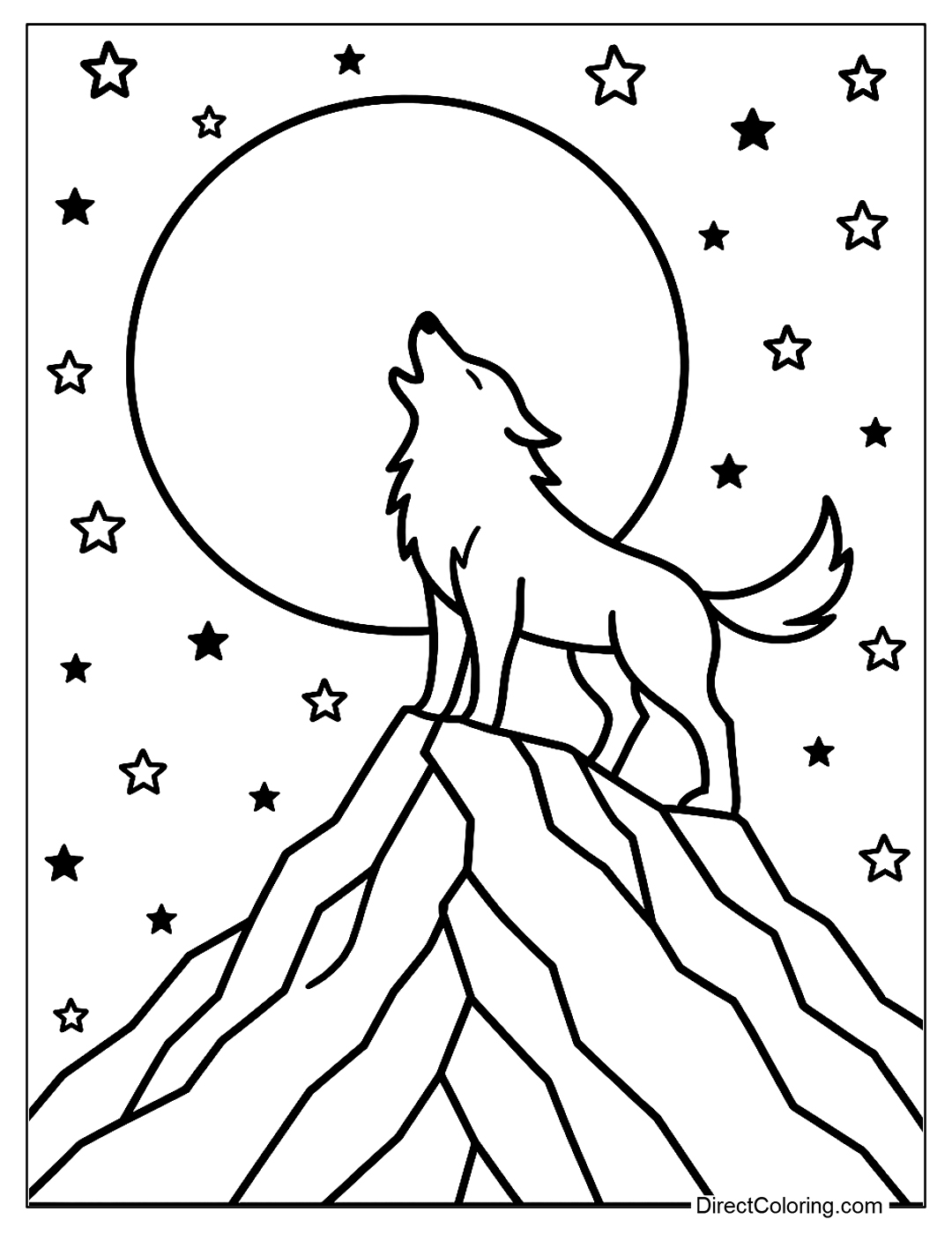 A wolf standing on the top of the mountain howling at the bright full moon in the background
